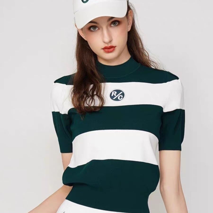 Golf Women's Pullover Short Sleeve T-Shirt New Fashion Stripe Princess Sleeve Stand Collar