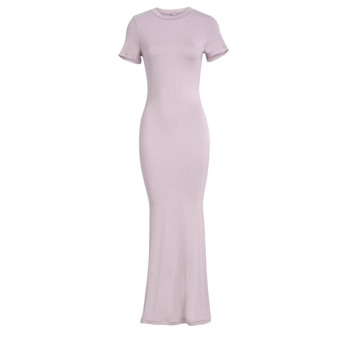 European and American Women's Spring Solid Color Elegant High-Elastic Body-Fitting Sexy Short-Sleeve Long Dress