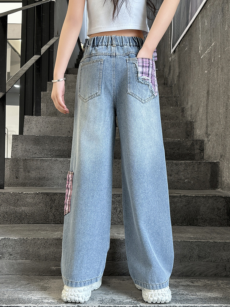 Jeans a gamba larga in denim effetto used per ragazze - Design patchwork vintage, vita elasticizzata comoda, stile streetwear (120 cm, blu)_voghion.com