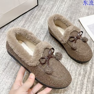 Suede Women's Autumn and Winter Wear 2024 New Korean Style Beans Shoes Slip-on Pregnant Women's fleece-lined Thickened Snow Boots Cotton Shoes