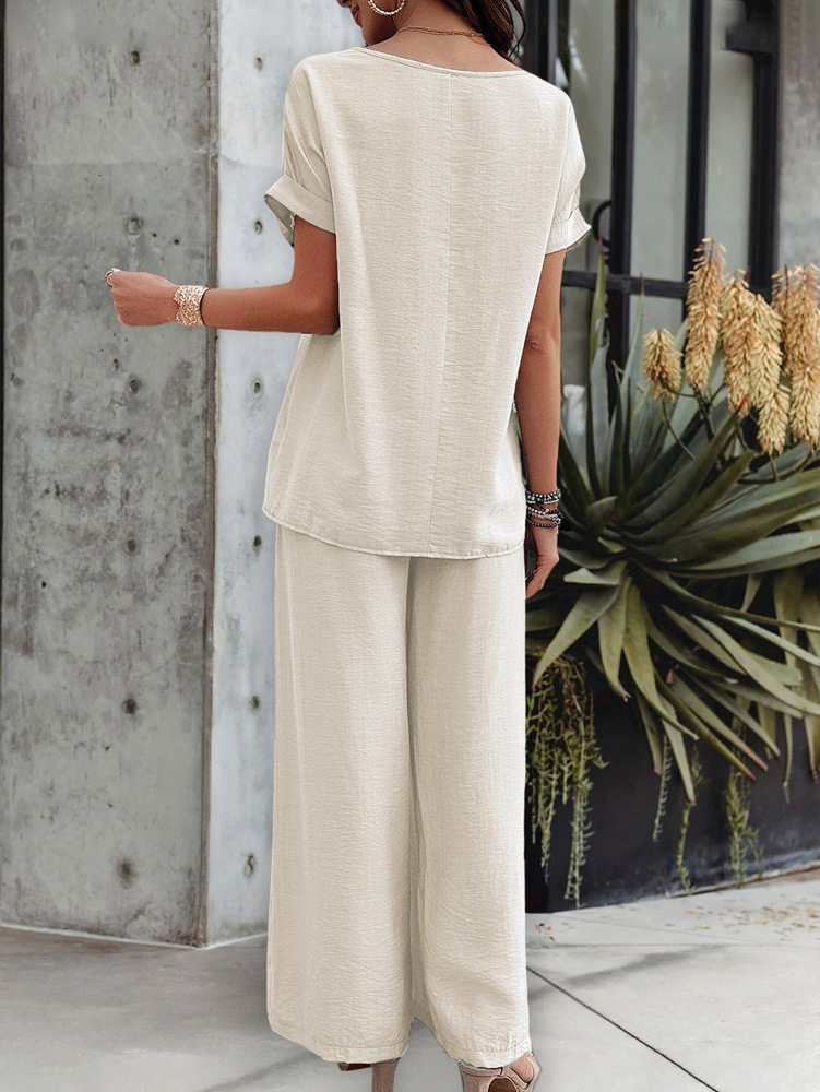 455g Weight Half Sleeve, Half Sleeve Sleeve Length Spandex, Polyester Fabric Type Low Waist Waist Line Short Top Length Pant Co-ord Set, Pant Co-ord Set Sets Type 2 Pieces Set Quantity Casual, Daily Occasion Round Neck, Round Neck Neckline Loose, Loose Fit Type Stripe, Solid Color Pattern Summer, Spring, Autumn Season Women's Gender Hollow Out Design Streetwear, Streetwear Style Apricot Color KaiKuO Women's Fashion Independent Station 2024 Spring Summer Export Casual Fashion Solid Color Short Sleeve Long Pants Hollow Out Set 18