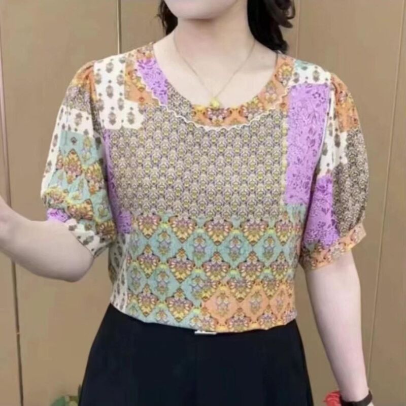 Amazon Cross-border Fashion Short-sleeved T-shirt Women's Summer New Ethnic Style Loose Round Neck plus size Trendy Mother's Wear