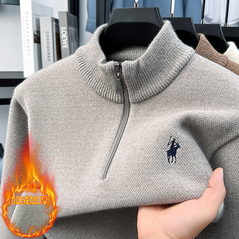 Ferret Velvet One-Piece Velvet Men's Half Turtleneck Zipper Sweater Winter Thickeneded Warm Embroidered Knitted Bottoming Shirt Sweatshirt