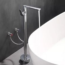 浴室落地浴缸龙头浴缸边立式全铜银色加高面盆立柱大流量冷热双控