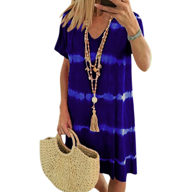 Walmart Cross-border Summer V-neck Striped Printed Tie-dye Short-sleeve Dress For Women In European_ecoleips.com