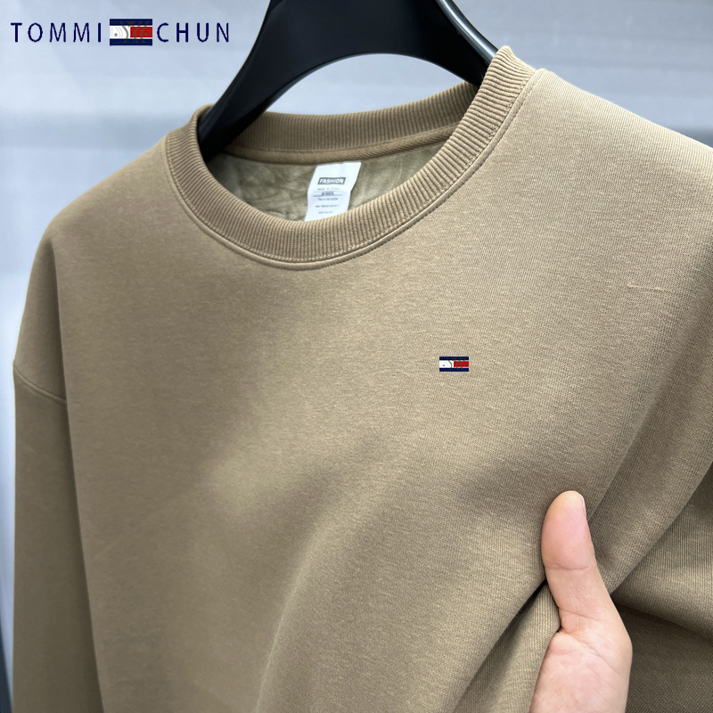 [warm and comfortable] Tommy men's round neck casual pullover solid color sweater fleece-lined thick winter long sleeve T-shirt