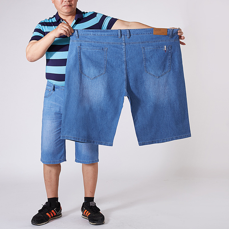 Summer thin plus fat denim shorts men's loose straight five medium pants fat fat guy breeches wholesale