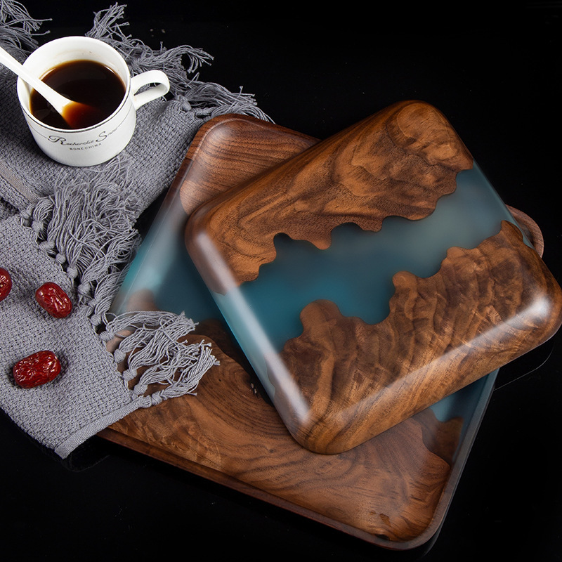 Nogal resina bandeja rectangular de madera maciza plato de fruta de resina luz moda de lujo simple regalo del hogar fábrica al por mayor