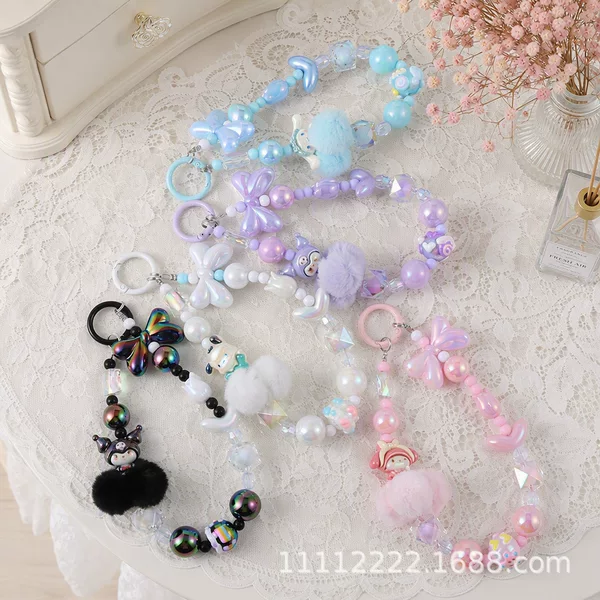 New style pom-pom beaded phone chain keychain cartoon doll bag pendant car keychain small gift wholesale