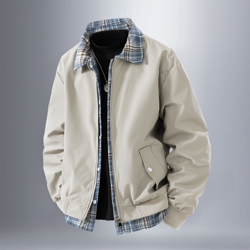 Black and Red Contrasting Plaid Lapel Bomber Jacket Men's Loose and Versatile Design Fake Two-Piece Couple Jacket