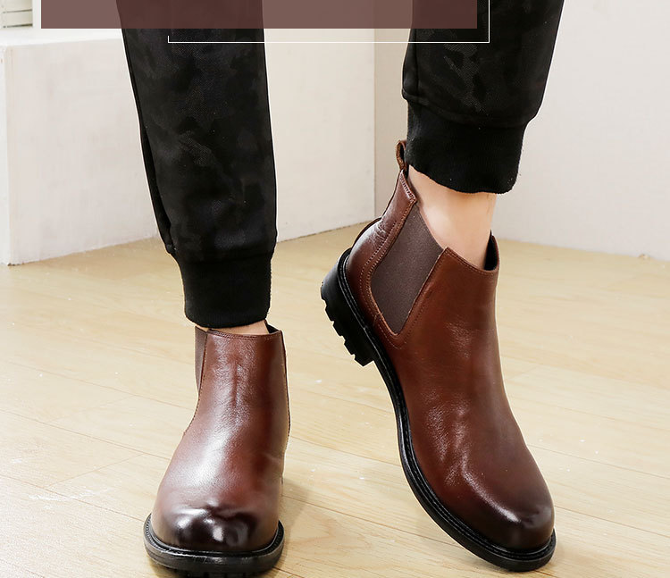 Men's thick soled cowhide leather shoes high-top slip-on ankle boots round head leather breathable_voghion.com