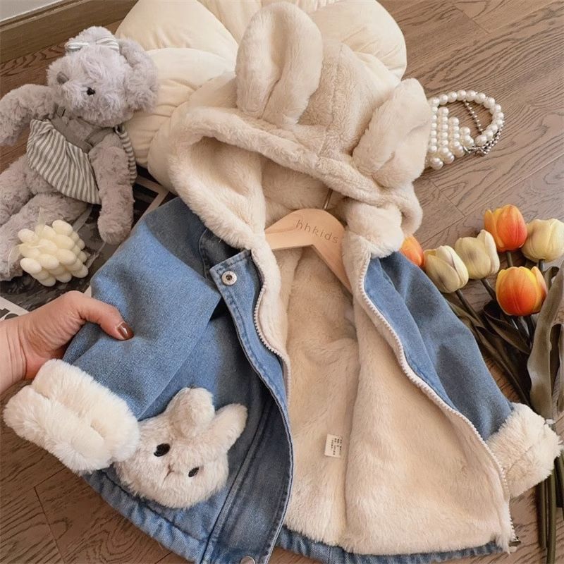 Niñas con chaqueta de vaqueros encapuchados de lana de invierno 2025 nuevo bebé grueso abrigo de algodón caliente chaqueta de algodón de niña