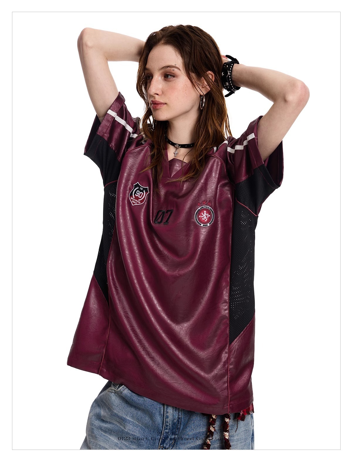 American-style Sports Short-sleeve T-shirt For Men Women, Loose And Breathable, Summer PU Leather Patchwork Hip-hop_viptrois.com