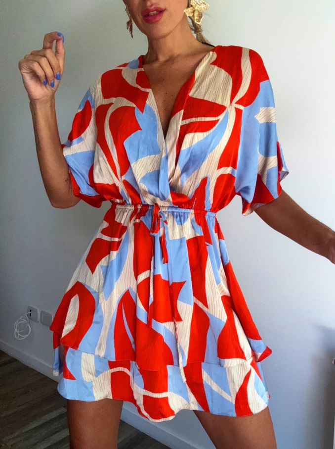 Abstract Print V-Neck Midi Dress With Tie Waist, Flowy Short Sleeve Summer Dress For Vacation & Casual Outings_ecoleips.com