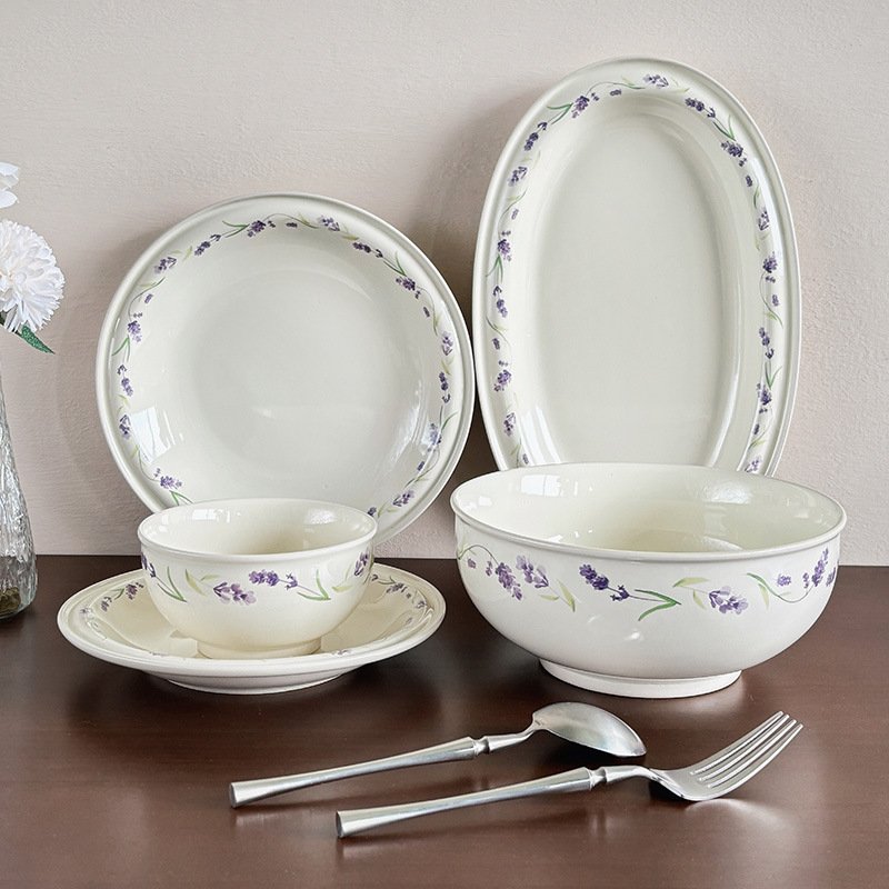 French Retro Wisteria Flower Household Ceramic Flower High-Value Niche Design Dishes Dishes Tableware Household Wholesale