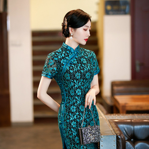 Retro Chinese Dress oriental Cheongsam for women ms green sexy Chinese dress lace collar evening dress with short sleeves outfit hollow out process