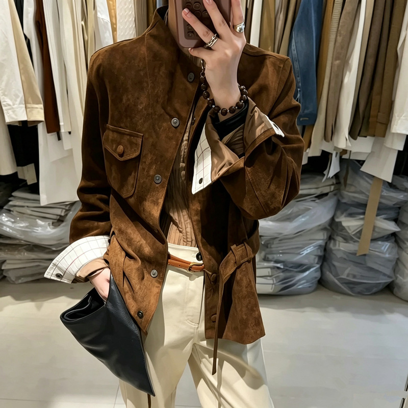 Vintage Old Money Style Suede Lapel Short Jacket 2026 Autumn Slim Fit Belted Chic Commute Jacket New Autumn Collection