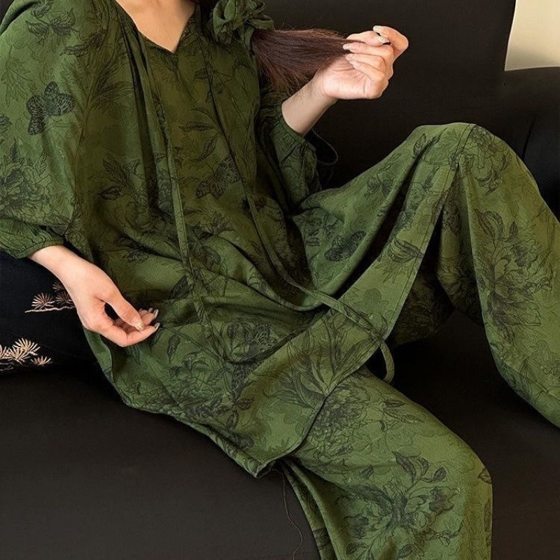 綿シルクパジャマセット女性のホーム服春と夏のパジャマ女性の夏フレンチレトロラウンドネック屋外で着用可能|undefined