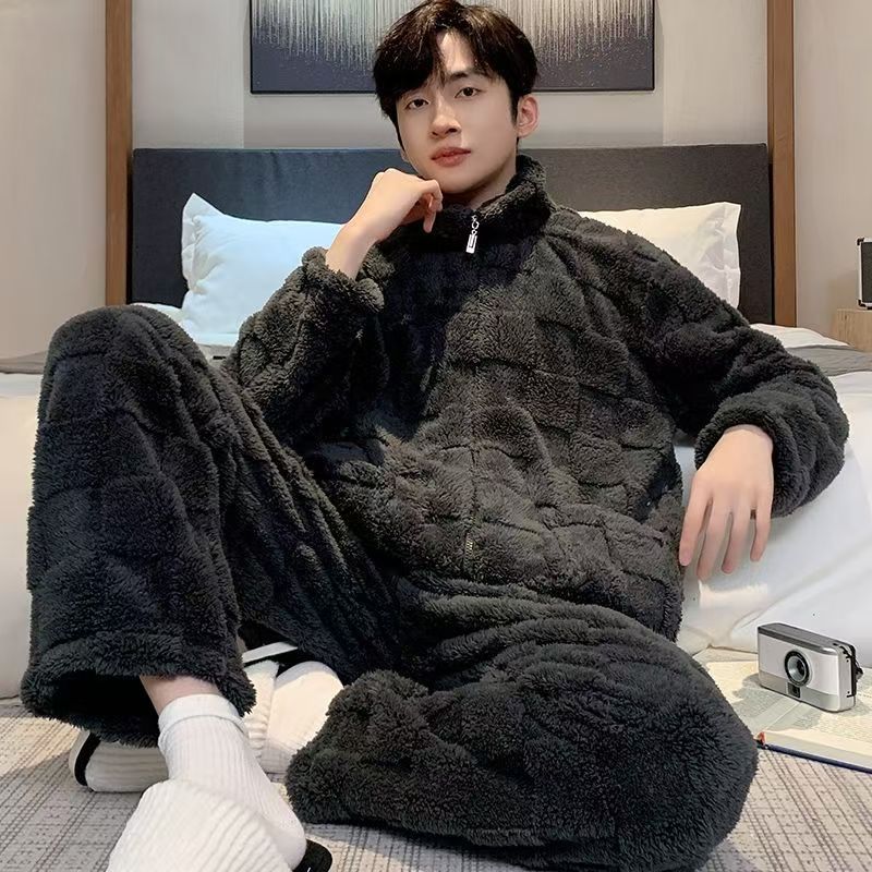 2025 otoño y invierno pijamas de coral para hombres jóvenes ociosos simple coreano traje de manga larga ropa para el hogar