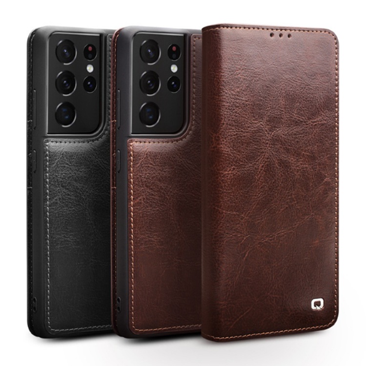 Qiali Is Suitable for Samsung Galaxy S24 Ultra Phone Case, Genuine Leather S26Plus Protective Cover with Flip Cover and Card Slot