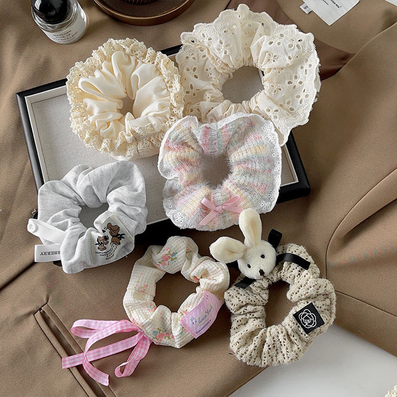 [Set aleatorio de 6 piezas] anillo de pelo de cerdo de peluche intestino grueso cuerda de cabeza dulce arco iris cabello anillo de cabello arco adornamiento de cabello mujer