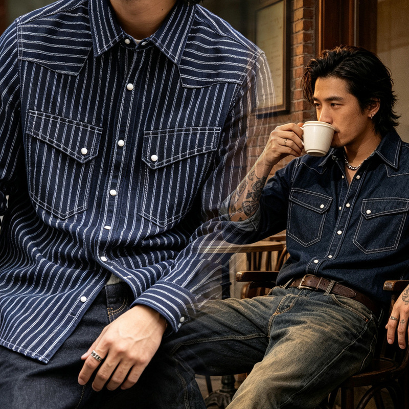OKONKWO Wabash Western Striped Denim Shirt in Raw Denim OKONKWO Wabash Western Striped Denim Shirt in Raw Denim