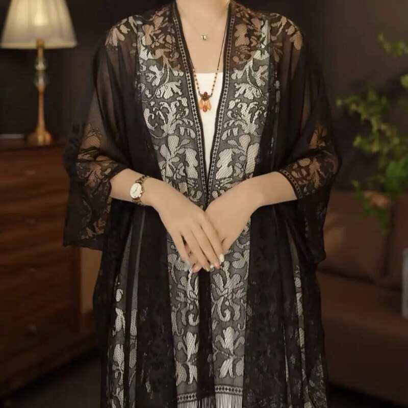 【Xiaohongshu Same Style】Summer Versatile Tassel Shawl Lace Cheongsam New Chinese Style Cardigan Thin Sun Protection Cover-Up 【Xiaohongshu Same Style】Summer Versatile Tassel Shawl Lace Cheongsam New Chinese Style Cardigan Thin Sun Protection Cover-Up