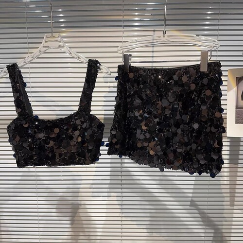 Girls summer new Korean fashion shiny two-piece camisole + elastic waist bag hip skirt two-piece suit