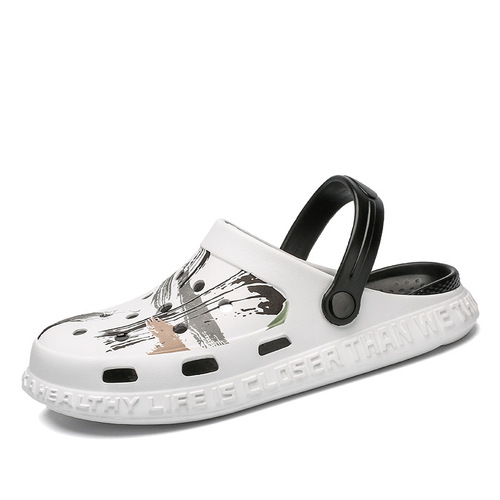 Croc Shoes Men's Trendy Summer Outerwear Outdoor Non-Slip Wear-Resistant Baotou Flip Flops Graffiti Parent-Child Style Beach Sandals with Treading Feeling