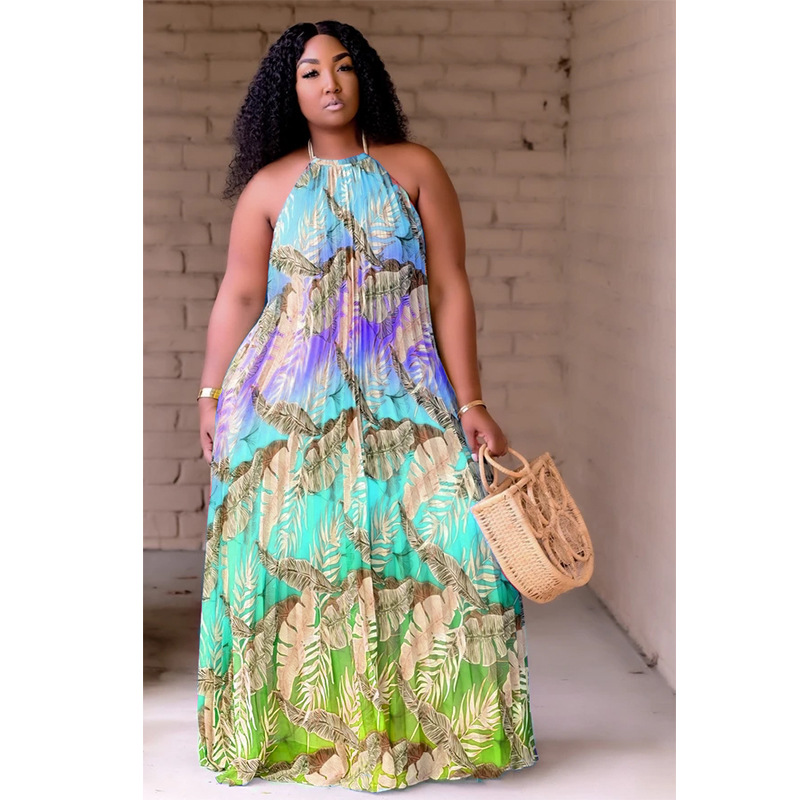 Women's Clothing ins women's clothing Summer fashion pleated straps printed backless large size large swing skirt_voghion.com