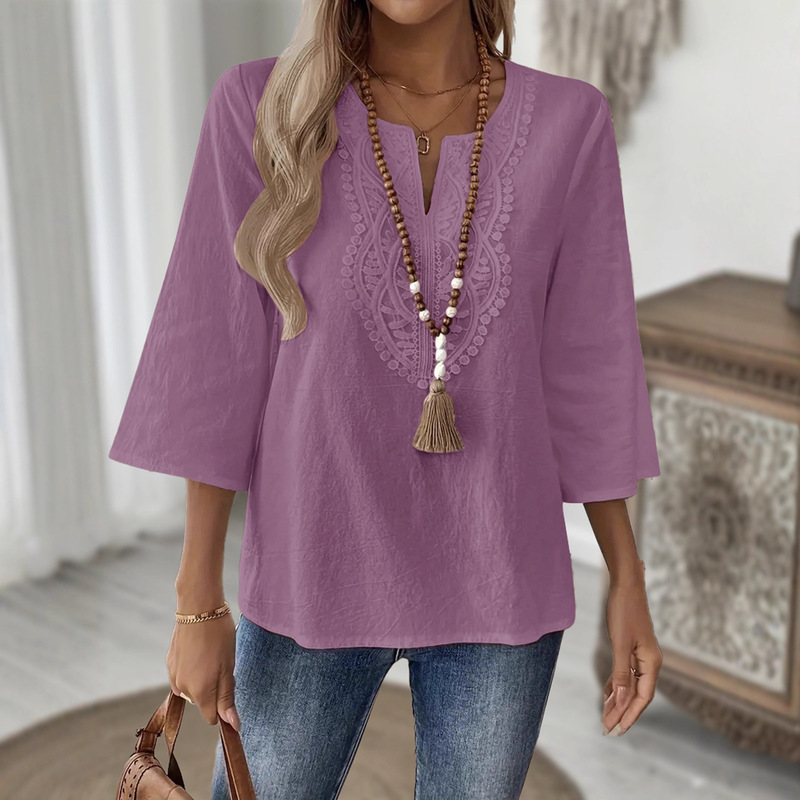 Women's Elegant V Neck Lace Top, Three-Quarter Sleeves, Light Lining, Semi-Formal Wear, Pure Color Cotton