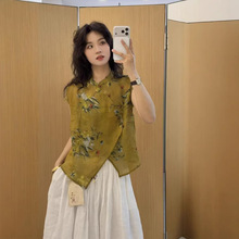 娜美服饰复古炒色印花斜襟衬衣女新中式立领包扣衬衫气质薄款上衣