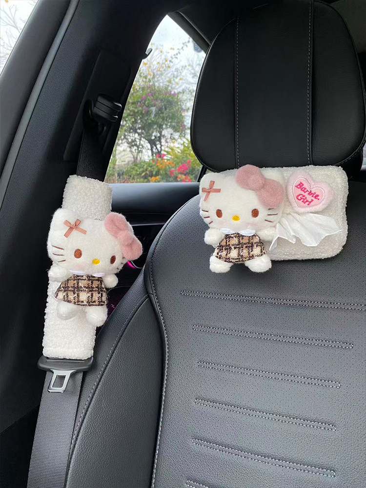 New Style Maillard Plaid Kitty Car Seatbelt Shoulder Pad Cute Car Tissue Box Car Interior Decoration