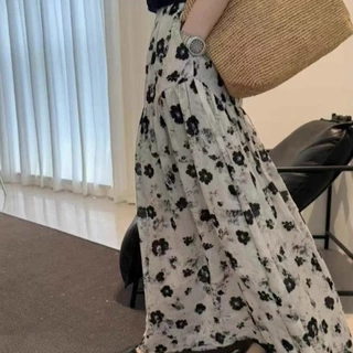 法式碎花半身裙长款女春夏季小个子百褶长裙高腰遮胯大摆a字伞裙