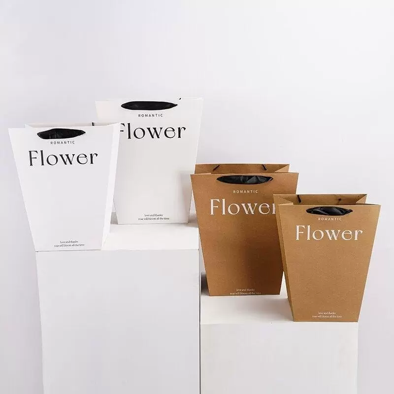 鲜花手提袋梯形牛皮纸袋花束包装外送袋手拎袋子开窗花袋绿植盆栽