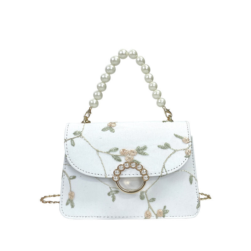 Bolso cuadrado de mano de perlas de moda simples bolso cuadrado de mujer 2024 nueva cadena de encaje de moda bolso cuadrado oblicuo de un hombro