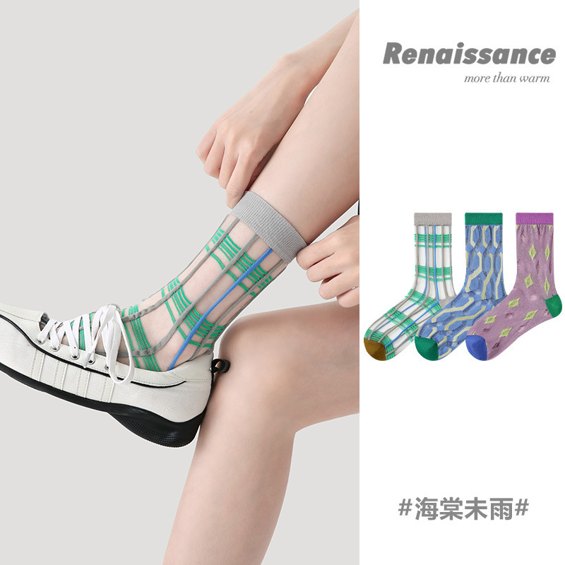 Renaissance summer thin women's socks new Chinese striped mesh breathable socks children lace socks ins tide