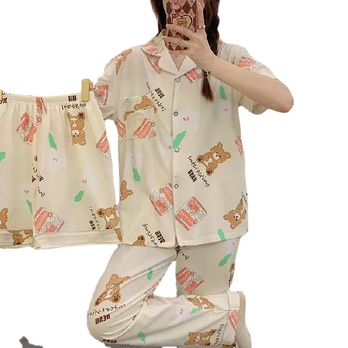 Pijamas para mujer 2025, nuevo conjunto de verano de tres piezas con pantalones cortos y largos, conjunto de ropa para estar en casa de verano para mujer que se puede usar en el exterior. image 7