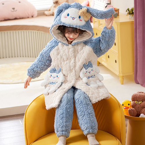 Children's Winter Coral Fleece Triple Layer Padded Thermal Set Baby Girl Sleepwear Home Suit