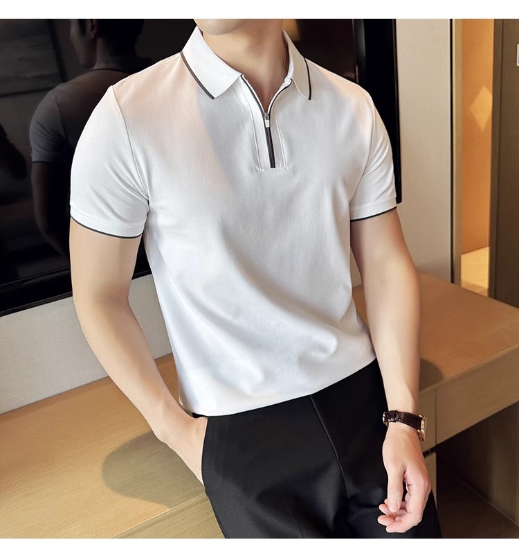 "Men's Slim-Fit Zip Polo Shirt – Breathable Cotton Short Sleeve With Embroidered Detail, Business Casual Summer Top (3 Colors, Sizes M-XXXXL)"_viptrois.com