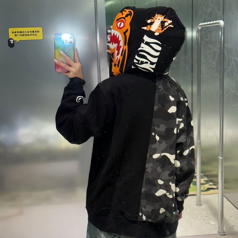 Ceiling Bape Luxury Camouflage Jacket Shark Double-Hooded Sweatshirt Embroidered Unisex Hooded Style Glow-In-The-Dark Patchwork Design
