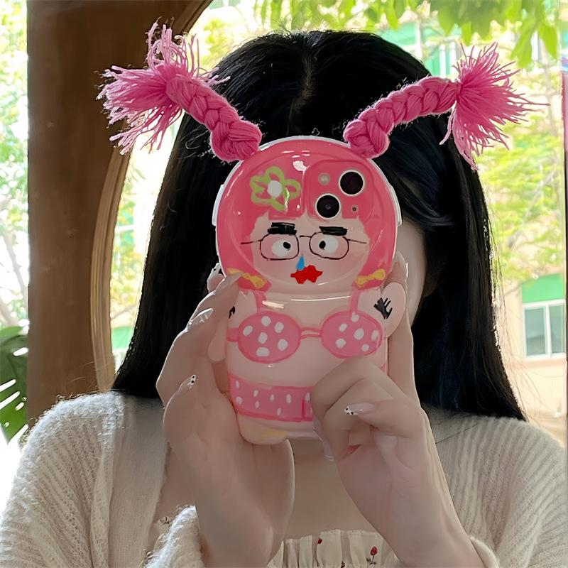 Capa de telemóvel 3d com menina trançada para iphone 15 pro max 13 14_voghion.com