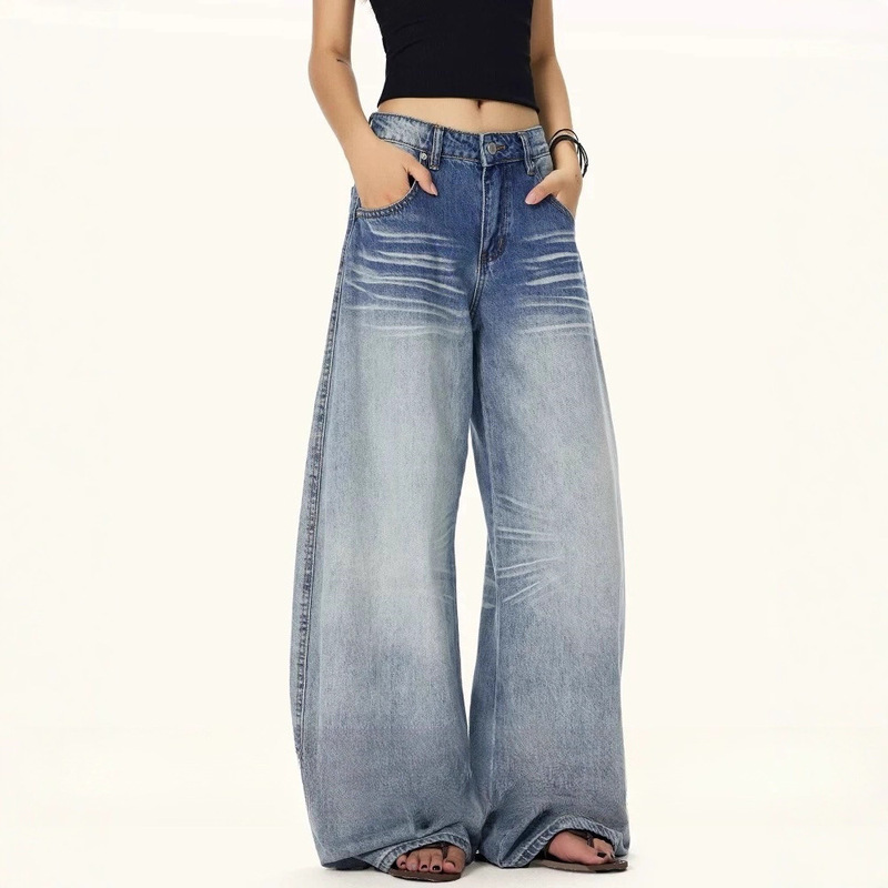 Wenshan 3D Whisker Design Low-Waist Jeans for Women, Loose Fit, Slimming, Versatile Wide-Leg Pants, Thin Summer Style Wenshan 3D Whisker Design Low-Waist Jeans for Women, Loose Fit, Slimming, Versatile Wide-Leg Pants, Thin Summer Style