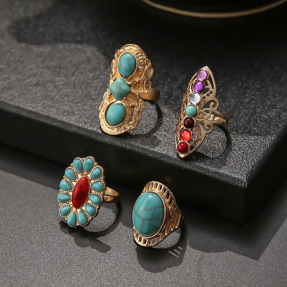 4 Piece Set Fashion Round Alloy Inlay Turquoise Women's Rings display picture 2