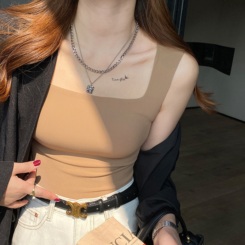 Summer Wide-Shouldered Square-Neck Beautiful Back Threaded Vest for Women with One-Cup for Inner Wear and Outer Wear Seamless Casual Camisole for Women