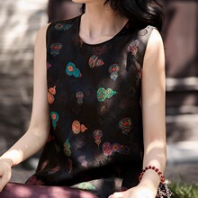 两穿上衣 红云纱真丝香云纱印花无袖背心马夹上衣桑蚕丝女装夏季