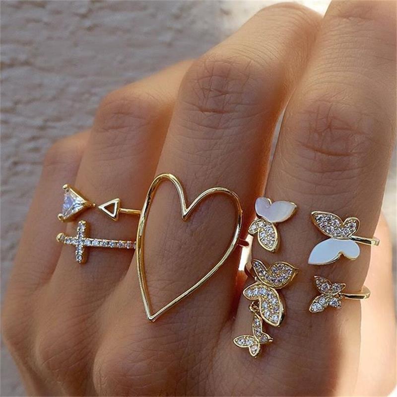 Nouveau Style Mode Croix Triangle Amour Coeur Creux Plein Diamant Dégoulinant Papillon Anneau 5 Pièces Ensemble display picture 9