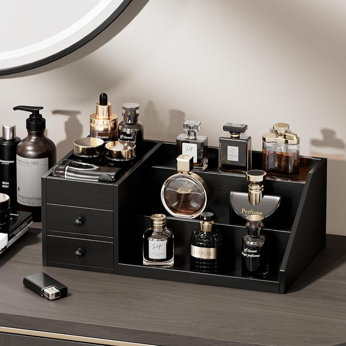 Wooden table black storage box