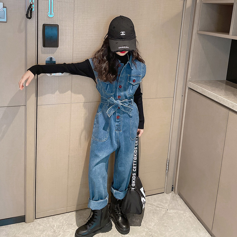 Girls Denim Jumpsuit 2025 New Style Korean Style Loose Short-Sleeved Sleeveless Overalls for Middle-Aged and Older Girls