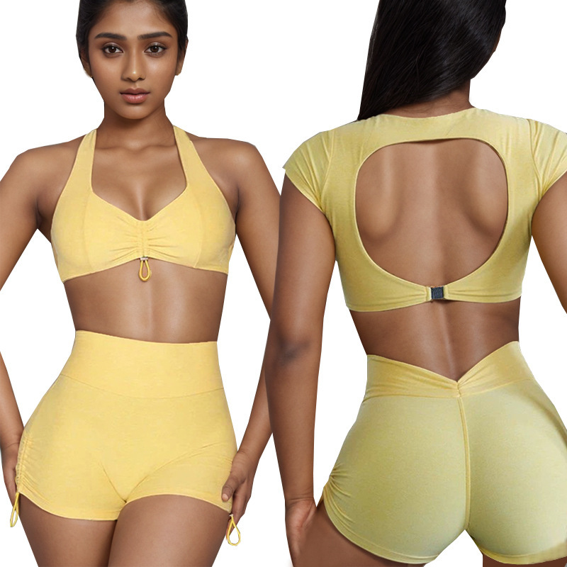 Foreign Trade Cross-Border Yoga Suit for Women with Chest Pads, Chest-Wrapped Beautiful Back Tops, High-Waisted Peach Butt-Lifting Sports Fitness Hot Pants